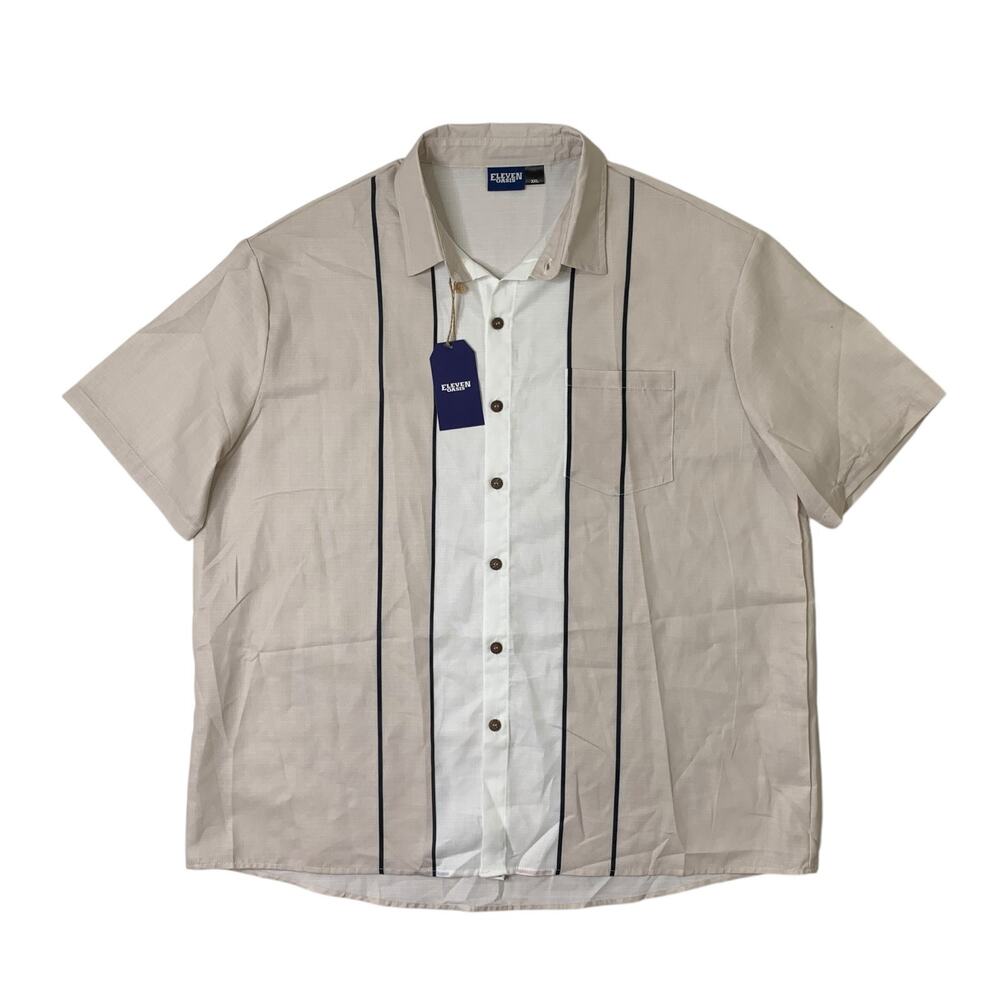 Eleven Oasis Shirt Mens XXL 2XL Cream White Striped Short Sleeve Camp Bowling